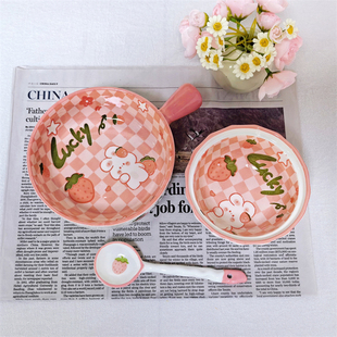 草莓兔手把碗釉下彩陶瓷餐具套装手柄饭碗宿舍学生可爱高颜值