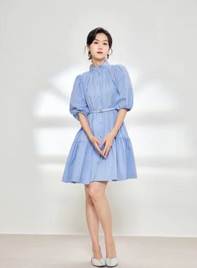 连衣裙春季2023新款女装灯笼袖立领甜美显瘦初恋裙