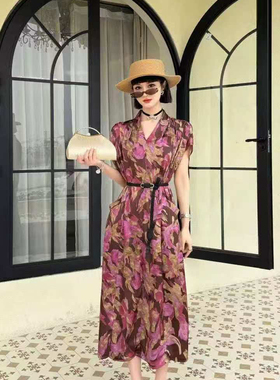 2025新款印花连衣裙女夏季新款气质收腰显瘦中长款裙子