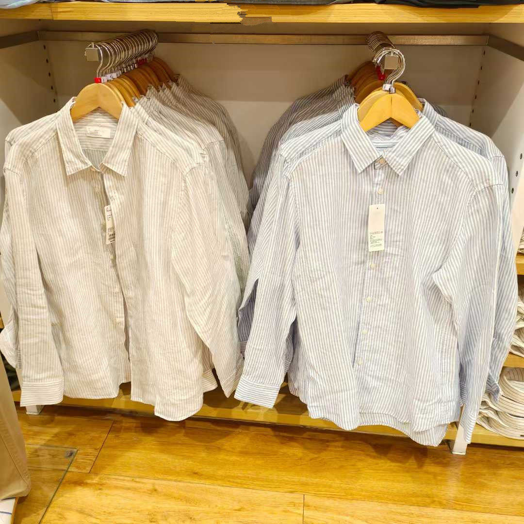 日系大厂单男女装法国麻条纹衬衫/长袖衬衣休闲25春夏新款Y474509图片