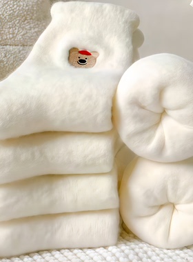 纯白色日系地板睡眠袜子女中筒加绒冬季加厚保暖毛绒绒可爱居家袜