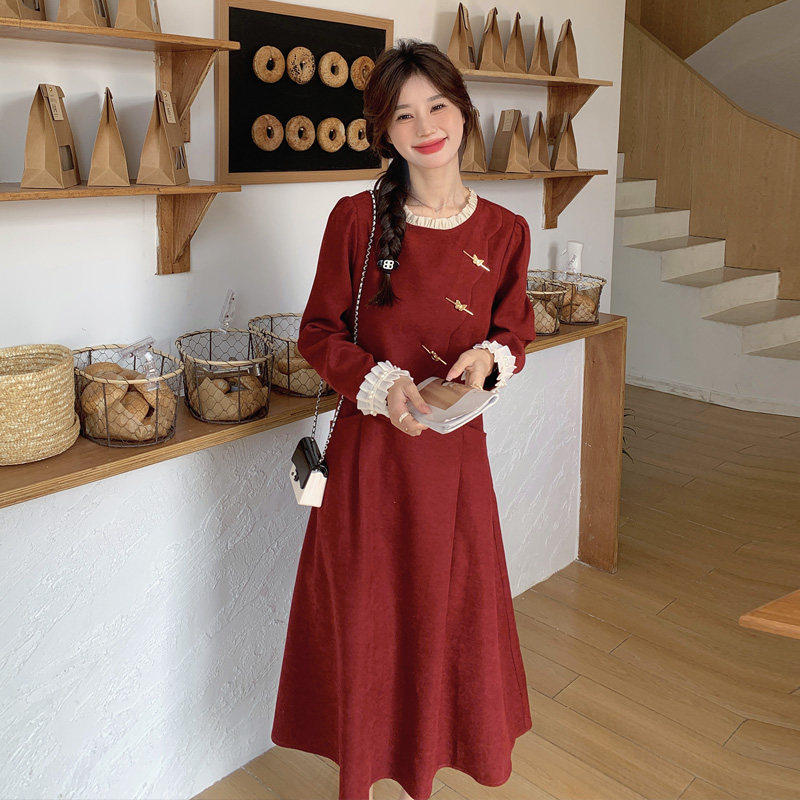 红色新中式国风假两件洋装女2025春秋新款正式场合气质订婚长裙