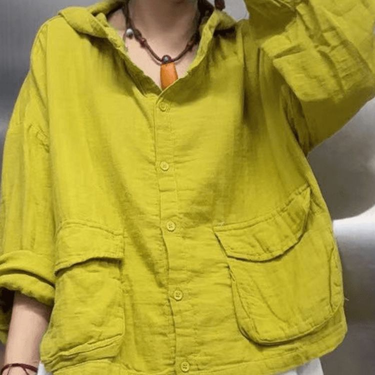 2026新款棉麻连帽外套女秋宽松大码工装口袋文艺复古休闲开衫上衣