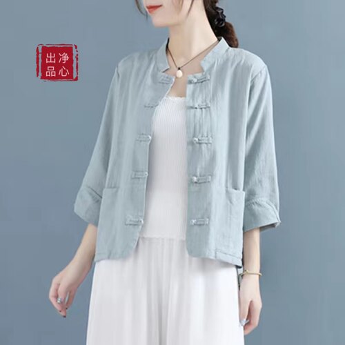 原创唐装太极服女中国风对襟开衫外套文艺范中式盘扣棉麻茶服上衣