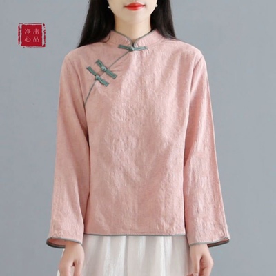 中国风复古提花棉麻衬衫禅意中式立领盘扣短款上衣茶服民国风女装