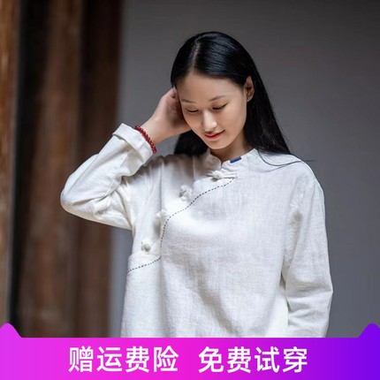 春季棉麻文艺盘扣上衣复古斜襟中式茶服立领长袖太极服禅意衬衫女