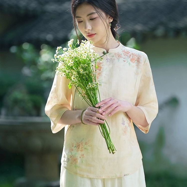 印花中式薄款棉麻上衣女复古立领短款中袖衬衫2026年国风新款小衫