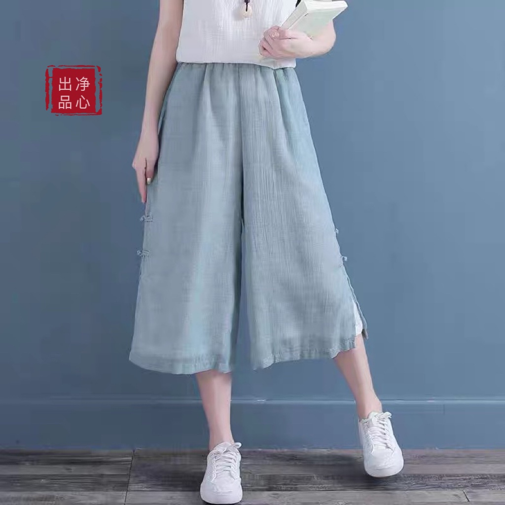 原创夏季薄款七分阔腿裤女双层开叉民族风棉麻宽松盘扣直筒瑜伽裤