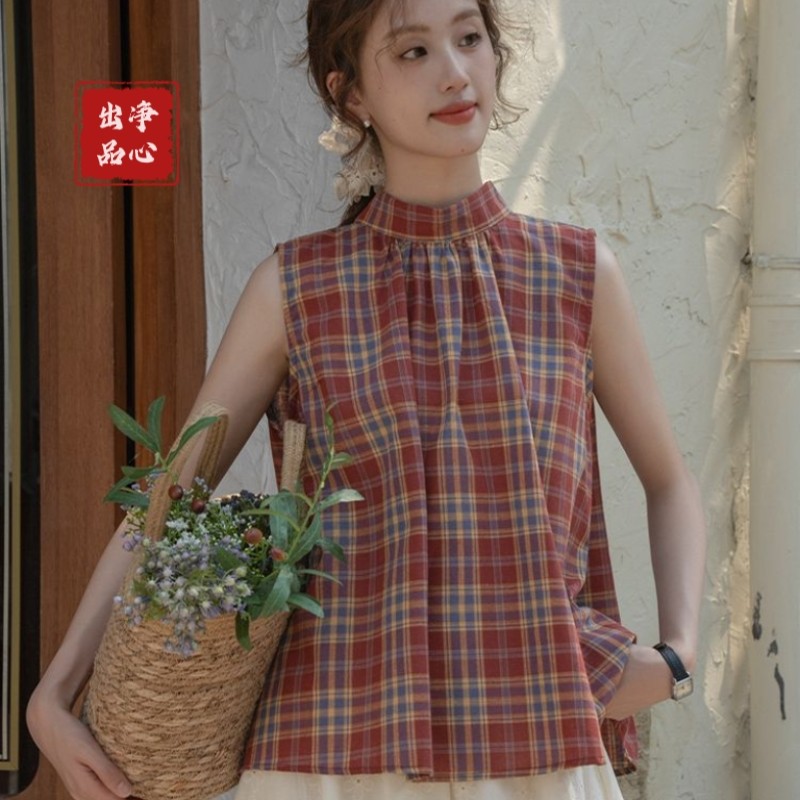 2026夏季新款复古格纹无袖衬衫女小个子立领宽松棉麻背心外穿上衣
