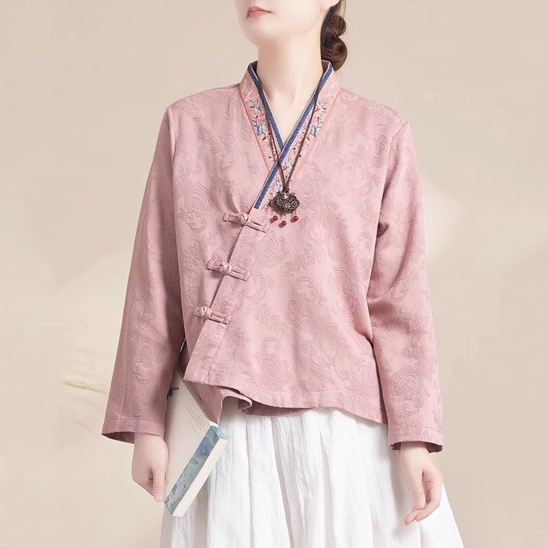 中国风复古刺绣盘扣棉麻长袖开衫汉服女休闲宽松文艺春款上衣短款