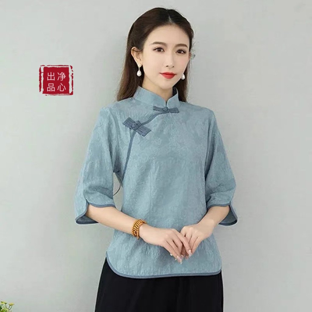 春夏茶服女中国风改良旗袍禅服上衣立领纯色衬衫棉麻盘扣中式小衫