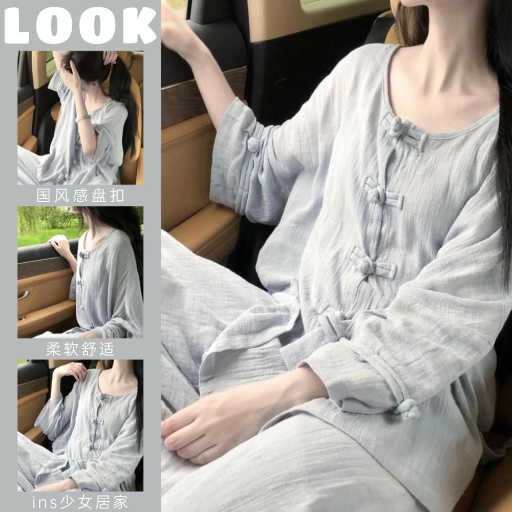 休闲简约新中式盘扣双层棉纱禅意服女春秋国风慵懒宽松太极服套装