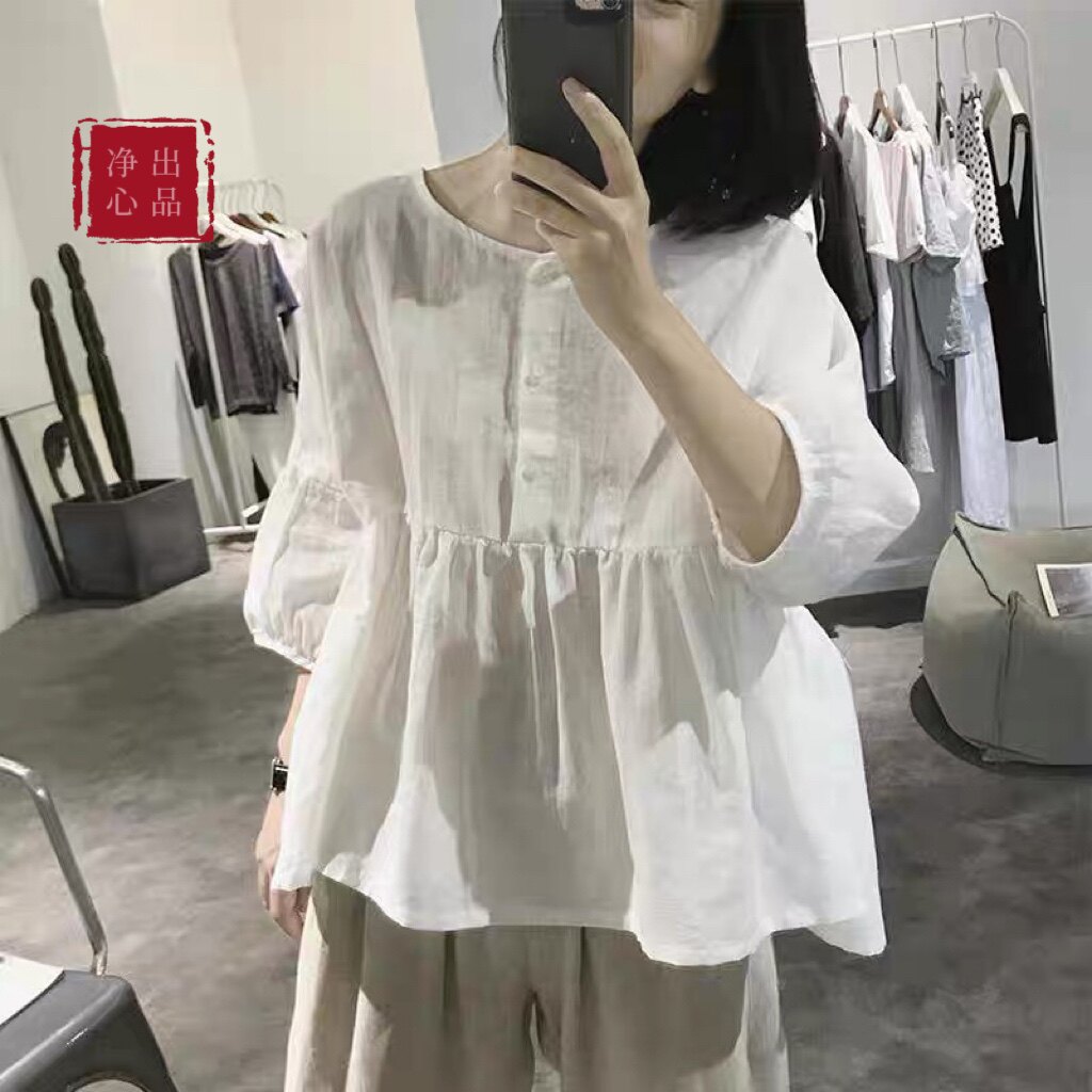 原创春夏薄棉麻娃娃衫女大码宽松显瘦高腰减龄灯笼袖圆领文艺小衫