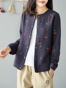 秋冬格子短款棒球服外套女文艺休闲圆领卫衣樱桃刺绣大码长袖上衣