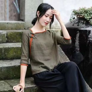 禪意民國風(fēng)茶服休閑顯瘦小衫 春季 棉麻復(fù)古盤扣上衣女中式 亞麻唐裝