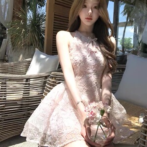 Q女家新品 浅樱晚香玉/千金感粉色亮片刺绣收腰生日连衣裙