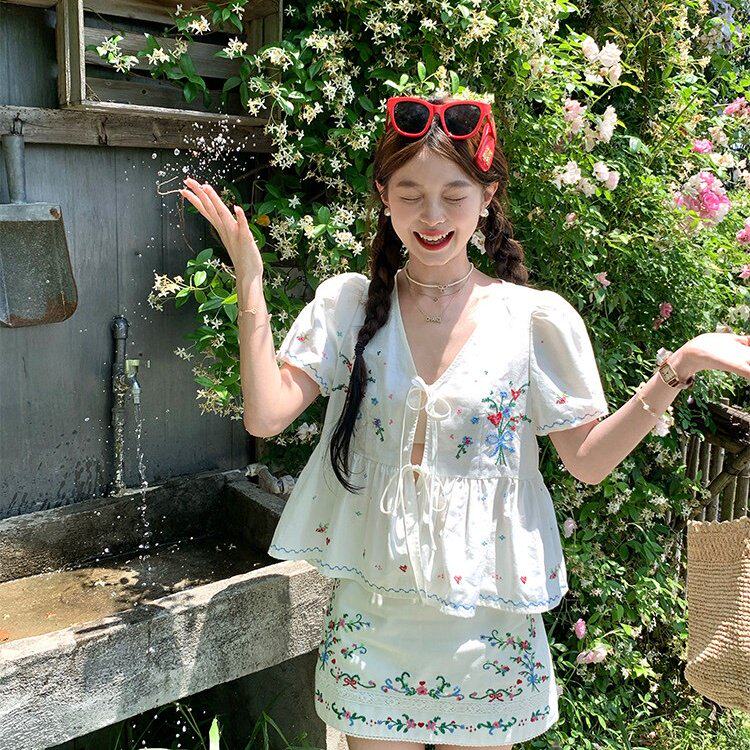 Acaine白色v领棉麻刺绣短袖衬衫高腰直筒半身裙套装女夏季两件套