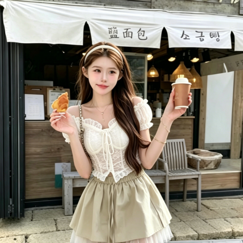 韩版纯欲风一字肩露肩蕾丝上衣半身裙两件套女夏设计感时尚套装潮