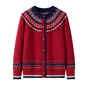 2025秋冬新款妈妈装复古提花针织100纯羊毛开衫女士百搭毛衣外套