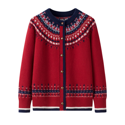 2025秋冬新款妈妈装复古提花针织100纯羊毛开衫女士百搭毛衣外套