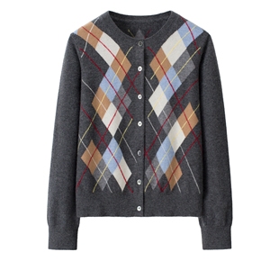 2026秋冬新款学院风菱形格羊绒衫女开衫拼色长袖针织毛衣圆领外套