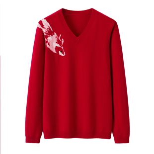 2026秋冬新款羊绒衫女V领红色本命年套头针织衫休闲风打底毛衣