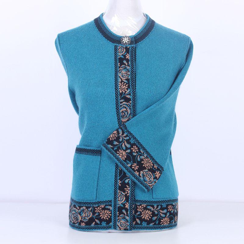 秋冬新款中老年羊毛衫女加厚毛衣圆领长喇叭袖印花针织奶奶衫外套