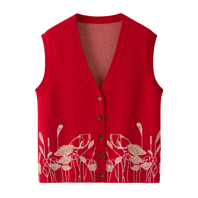 红色羊毛开衫女中老年情侣装洋气刺绣针织背心马甲本命年保暖大码