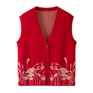 红色羊毛开衫女中老年情侣装洋气刺绣针织背心马甲本命年保暖大码