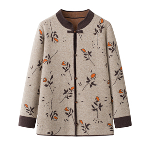 秋冬新款中老年女妈妈装100%纯羊毛国风立领双提提花加厚盘扣外套