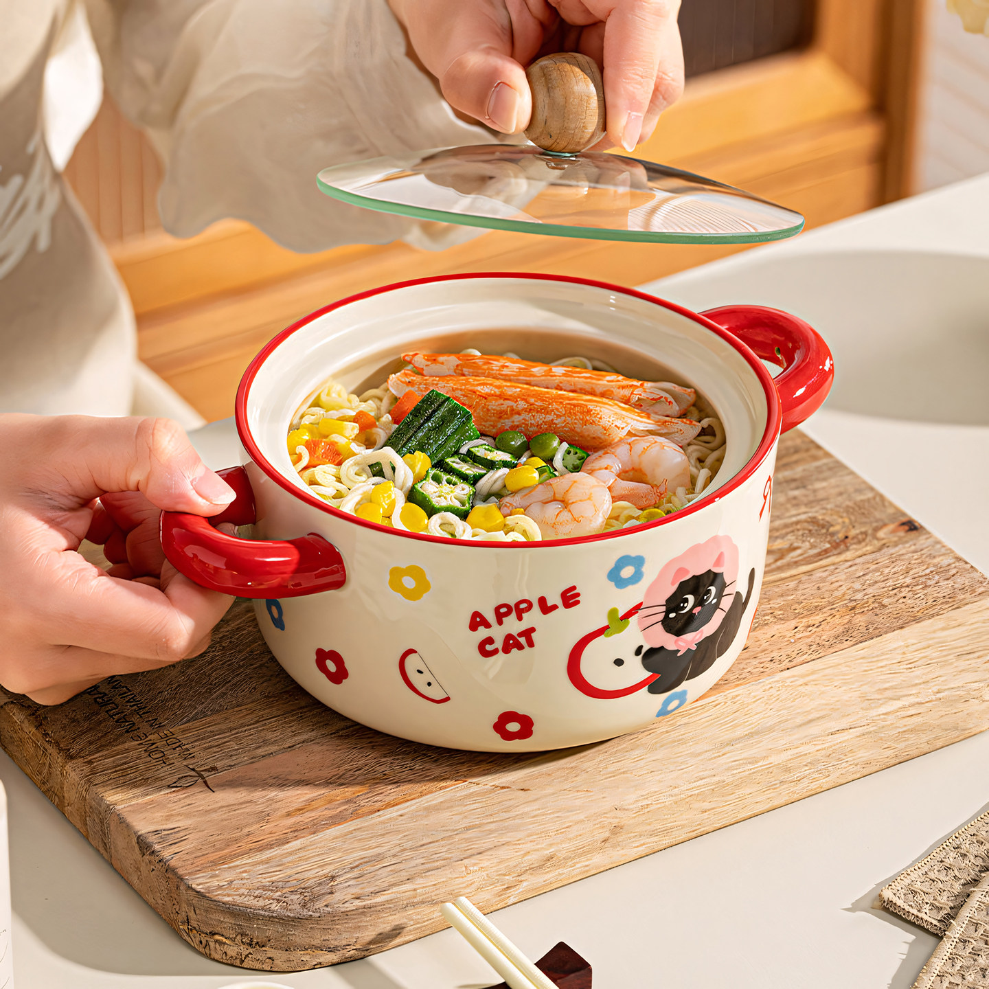 可爱陶瓷泡面碗带盖餐具学生宿舍大容量面碗个人专用双耳高颜值,餐饮具,泡面碗,淘宝优惠券,粉丝福利购,淘宝优惠卷