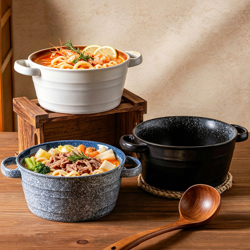 日式陶瓷双耳大号釉下彩汤碗