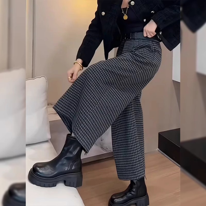 灰色毛呢休闲裤女冬季新款大码梨形身材小个子加绒加厚九分阔腿裤
