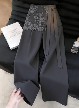 灰色假两件飘带蕾丝西装裤女2026年夏季流行新款韩版高级阔腿裤子