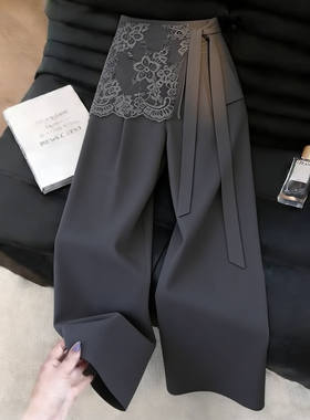 灰色假两件飘带蕾丝西装裤女2026年夏季流行新款韩版高级阔腿裤子