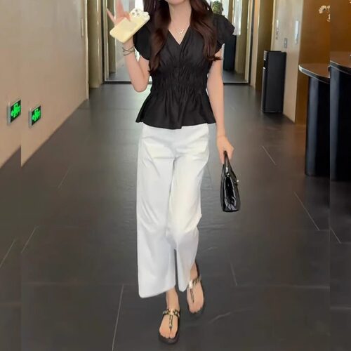 白色时尚阔腿休闲裤女夏季薄款大码胖mm小个子冰丝速干直筒九分裤