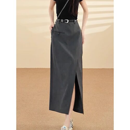 小众设计感高腰口袋开叉直筒西装半身裙25年夏季新款修身显瘦长裙