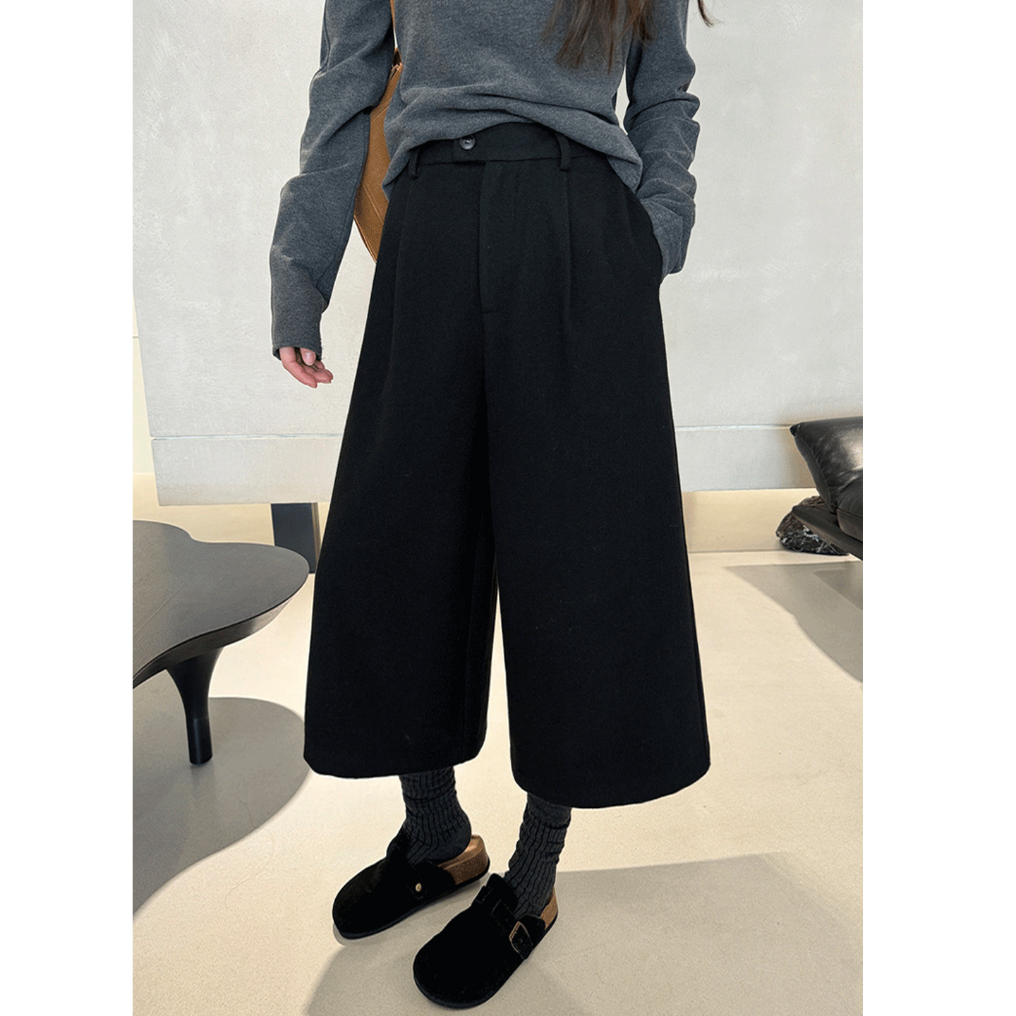 黑色毛呢阔腿裤女秋冬加绒加厚胖mm大码宽松休闲七分八分直筒裤子