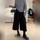 宽松休闲百搭阔腿裤 日系高腰时尚 子 女秋冬流行新款 黑色毛呢八分裤