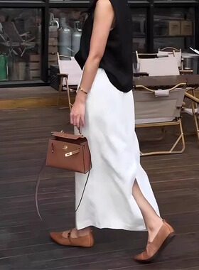 白色半身裙女2026夏季新款高腰显瘦时尚简约通勤百搭后开叉直筒裙