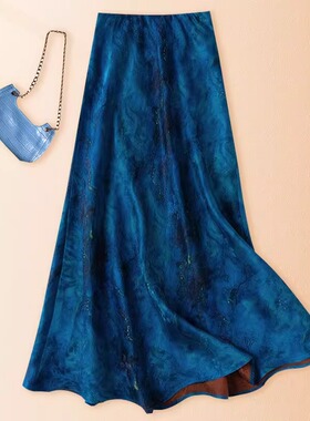 轻奢香云纱大摆鱼尾裙女2026新款新中式印花蓝色中长款半身裙