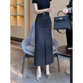 新款 深灰色波点通勤高腰西装 裙女2025年夏季 长裙宽松百搭A字裙子