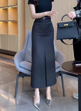 深灰色波点通勤高腰西装裙女2026年夏季新款长裙宽松百搭A字裙子