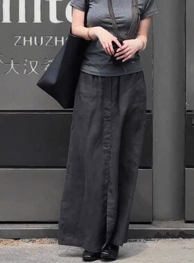 灰色亚麻半身裙女夏季新款松紧腰显瘦气质时尚百搭舒适开叉a字裙
