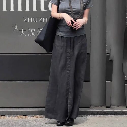 灰色亚麻半身裙女夏季新款松紧腰显瘦气质时尚百搭舒适开叉a字裙
