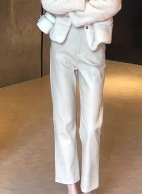经典百搭白色气质直筒皮裤2026春季新款女修身时髦洋气减龄九分裤