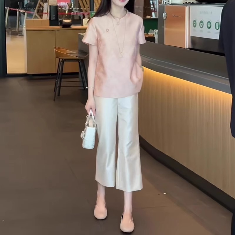 新中式国风缎面醋酸直筒裤女夏薄款2025新款小个子显高显瘦八分裤
