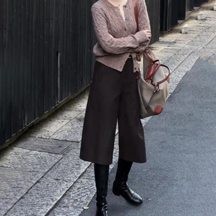 咖色七分毛呢裤女秋冬新款高腰显瘦气质时尚百搭休闲直筒阔腿裤子