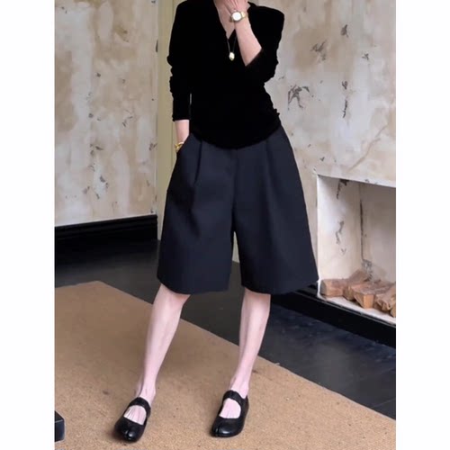 黑色西装毛呢五分裤女2025秋季流行新款高腰显瘦宽松百搭阔腿中裤