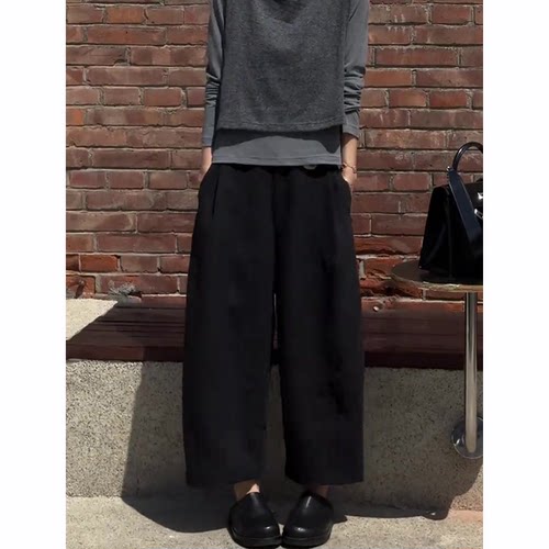 黑色阔腿裤女秋季2025新款极简风小个子高腰简约宽松阔腿八分裤子